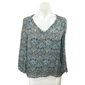 Joie Multicolor Floral 100% Silk Satin Long Sleeve V Neck Blouse Top Size XS
